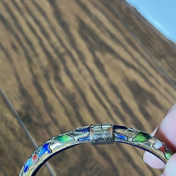 Vintage Cloisonné Blue Gold Floral Motif Enamel Hinged Bangle Bracelet - Picture 9 of 16